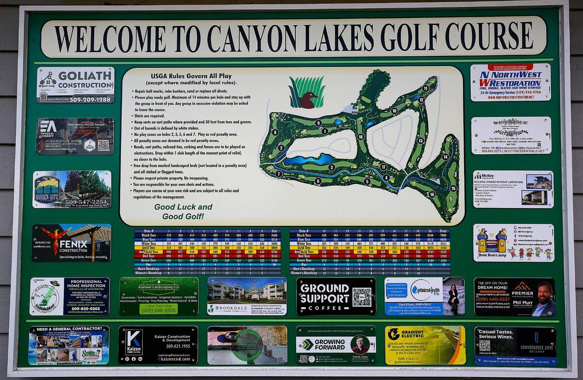 The map for the 18-hole Canyon Lakes Gold Course is displayed on the clubhouse of the Kennewick course at 3700 W. Canyon Lakes Dr.