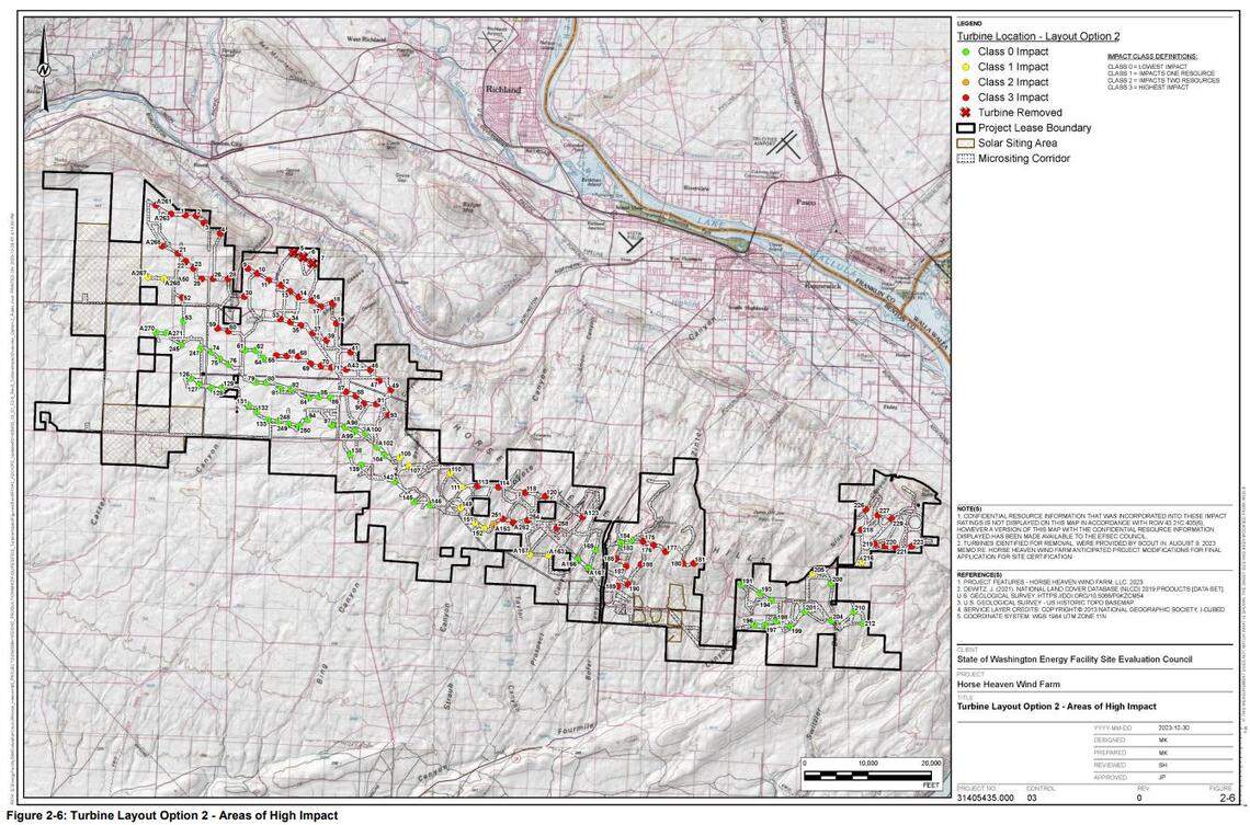 A map shows red dots where 73 of 141 proposed 670-foot-tall turbines would be prohibited, as agreed by a state council Wednesday. It is one of two configurations proposed by Scout Clean Energy.