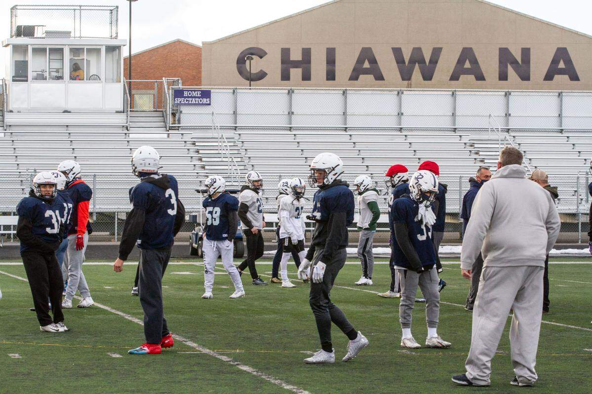 The Chiawana High School Riverhawks football team runs drills on their practice field off of West Argent Road for the upcoming abbreviated spring 2021 football season that starts Feb. 26.