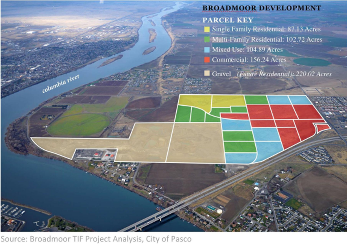 This map shows an aerial view of the future Broadmoor Development, with the property divided into parcels by their intended use.