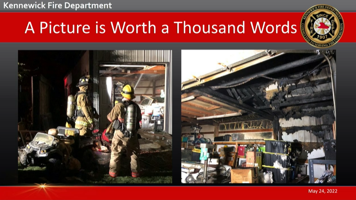 Fireworks started a fire that damaged a shop in Kennewick on July 4, 2021, as shown in this slide prepared by Fire Chief Chad Michael for the City Council.