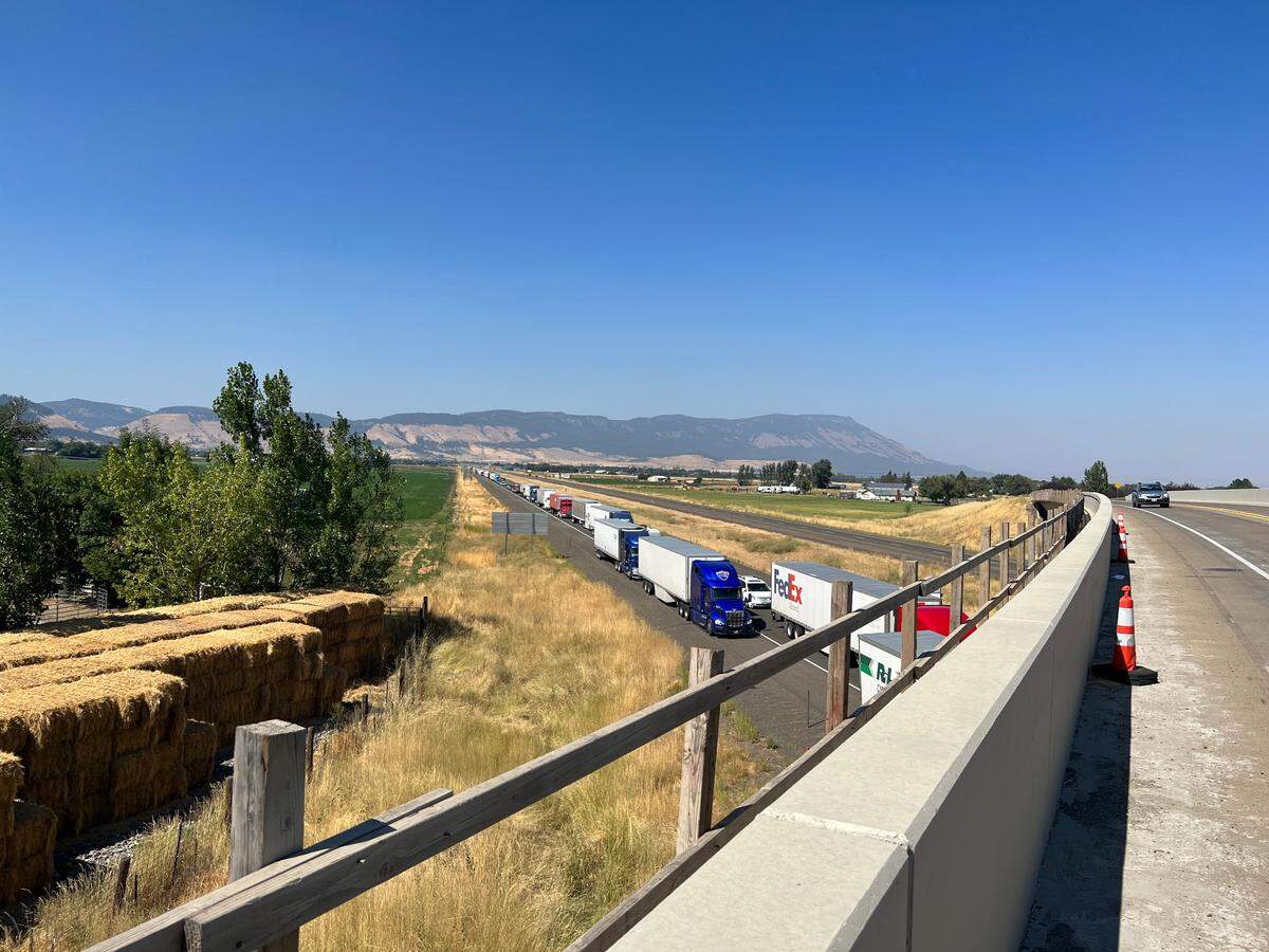 Traffic is backed up on Interstate 84 near La Grande, Ore., as a wildfire closes the roadway Thursday afternoon.