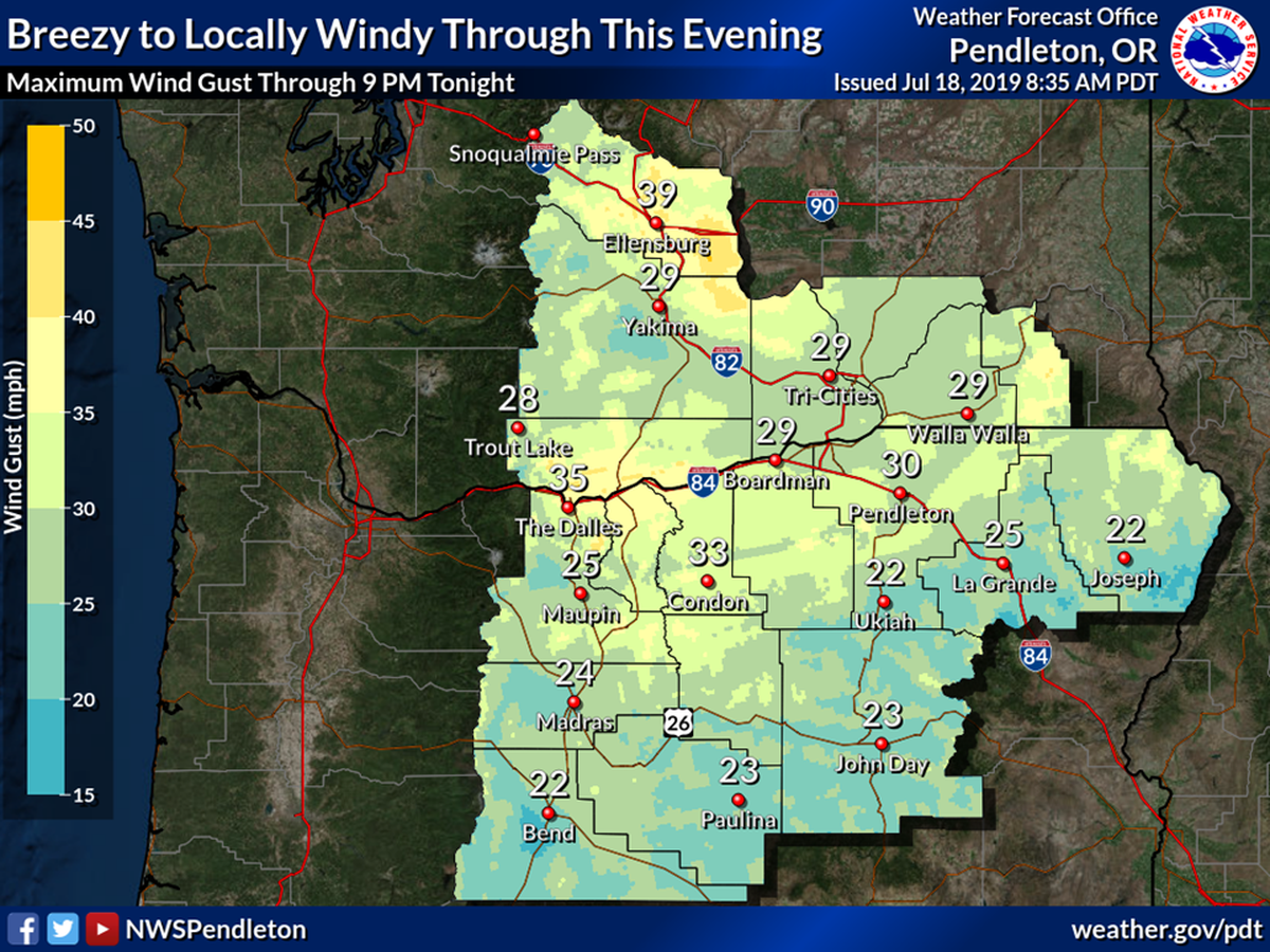 The National Weather Service forecasts high wind gusts through Thursday evening in Eastern Washington and Oregon.