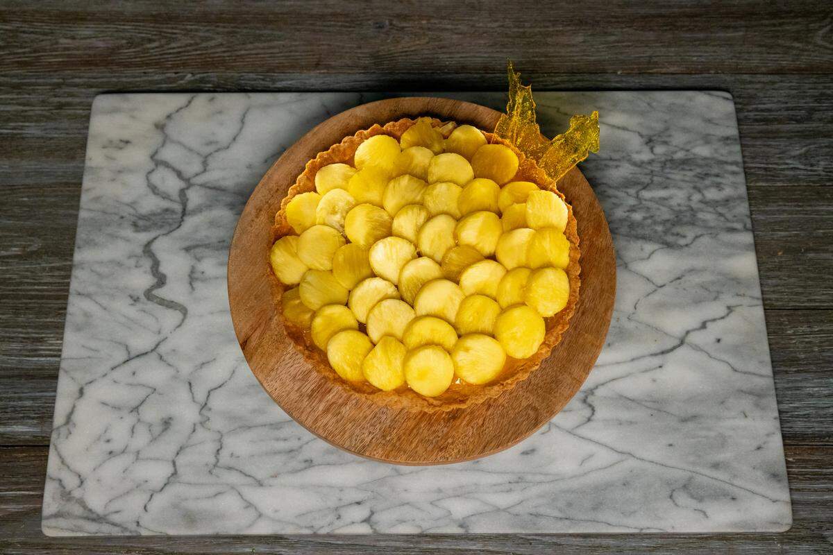 Contestant Jack Whalen’s Lemon Curd and Pineapple Jam Tart with Pineapple Scales, inspired by the yellow tang fish, as seen on “Kids Baking Championship,” Season 13.