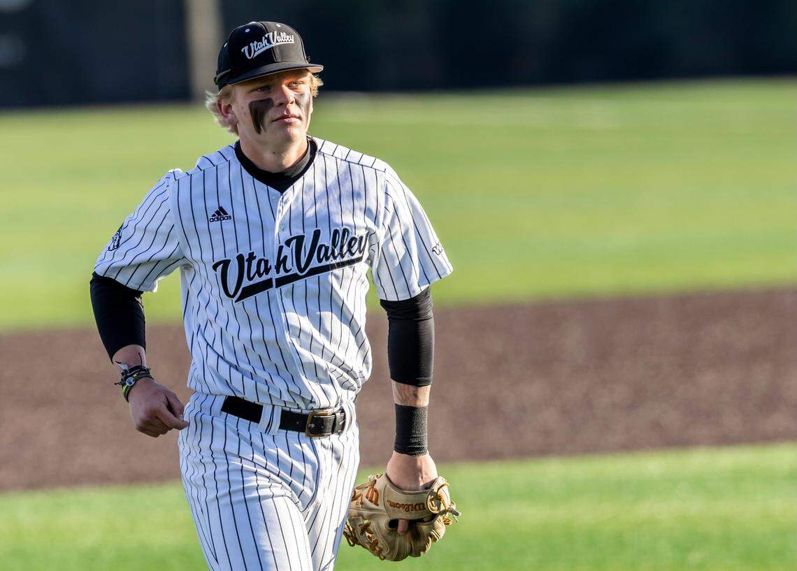 Danny Dickinson takes the field for Utah Valley University in Orem, Utah, in April 2023.