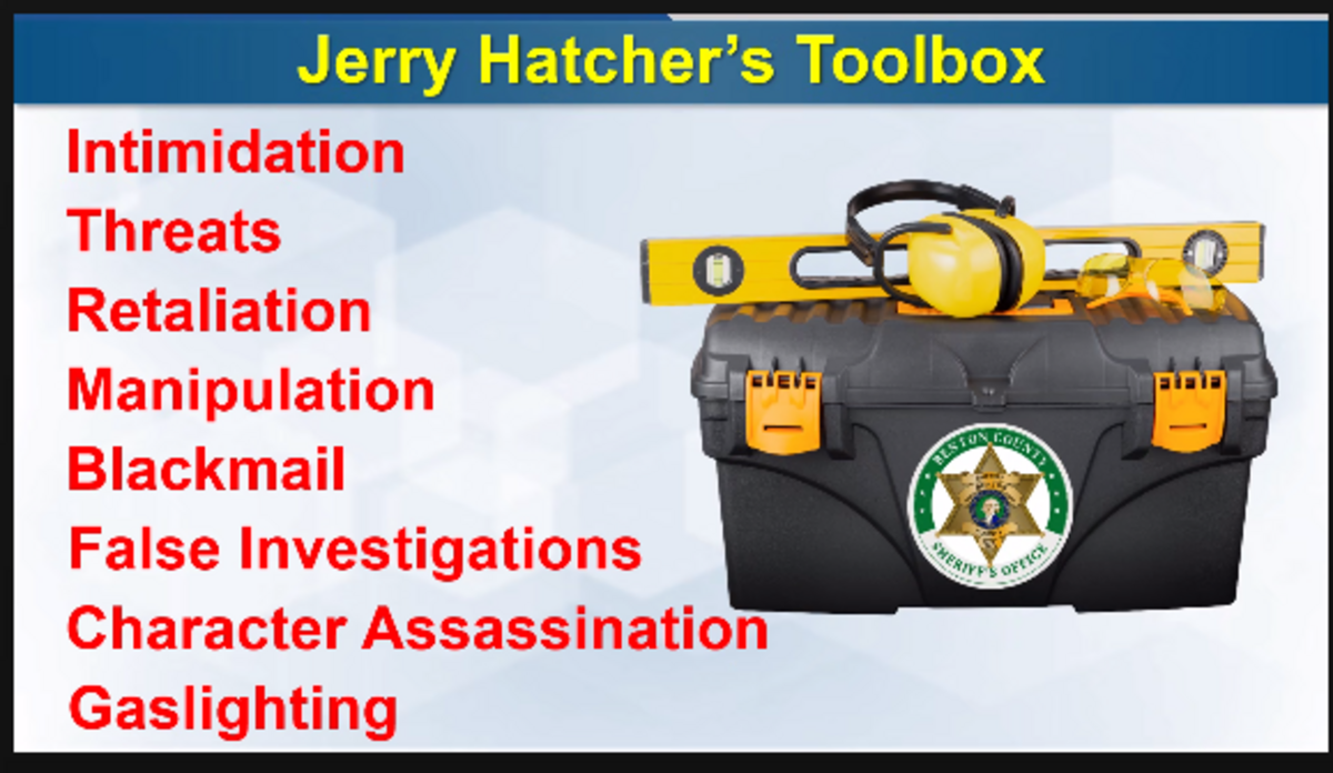 A slide from a presentation attorneys made during closing arguments in a lawsuit against Benton County over the behavior of recalled Sheriff Jerry Hatcher. This slide details the tactics Hatcher allegedly used to mistreat his command staff.
