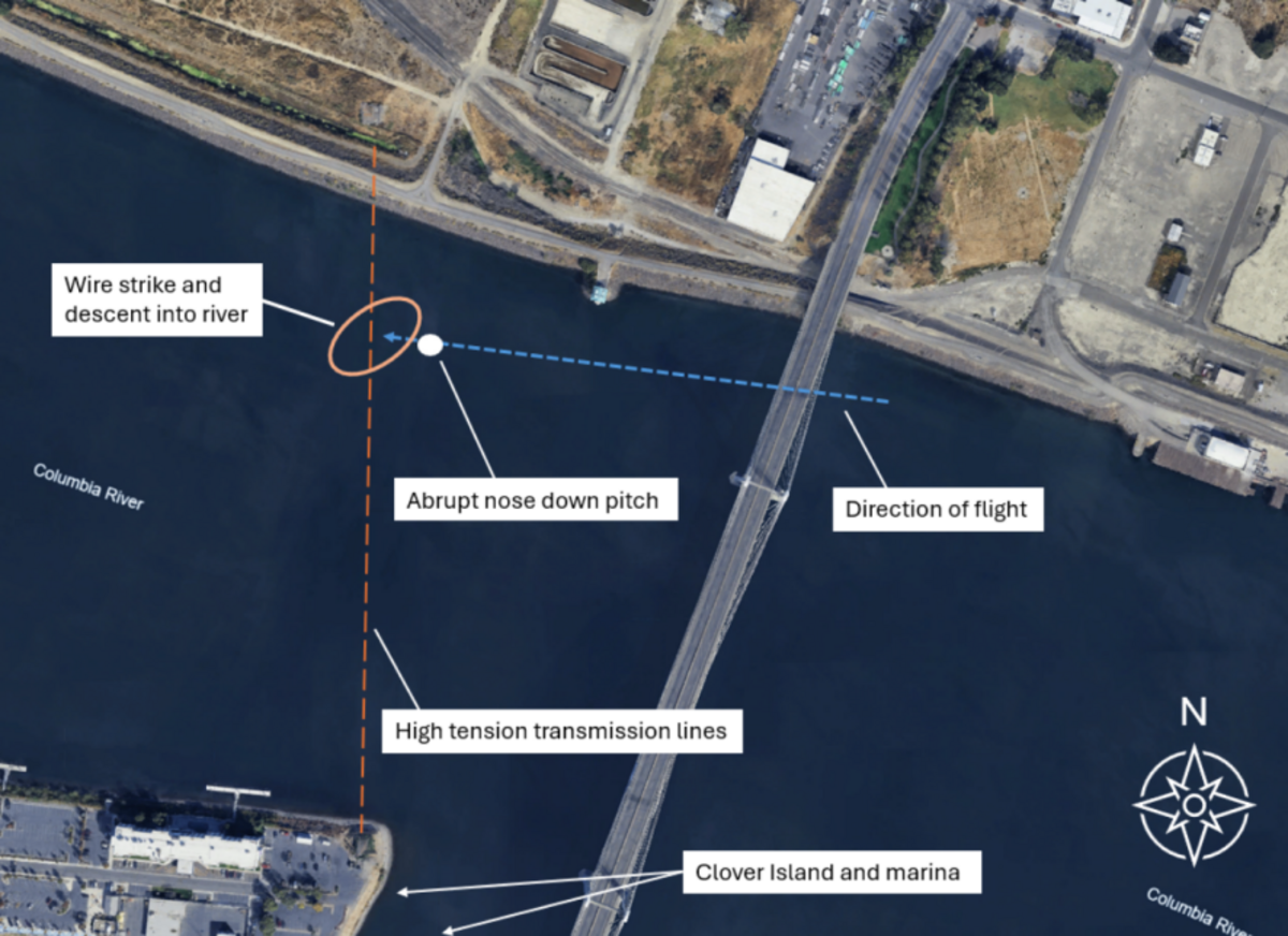 The National transportation Safety Board illustration shows information abut the fatal June 24 crash of a float plane into the Columbia River between Pasco and Kennewick.