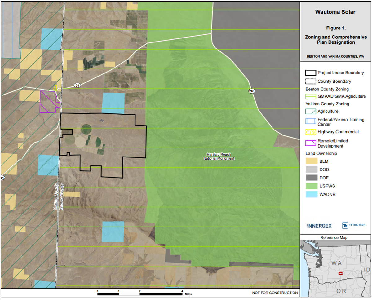 A map provided by Innergex to Washington state officials shows the location of leased land for the Wautoma solar generation project in Benton County.