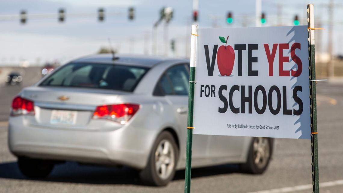 A sign encouraged voters to support school levies in the Feb. 8 election along Stevens Road in Richland.