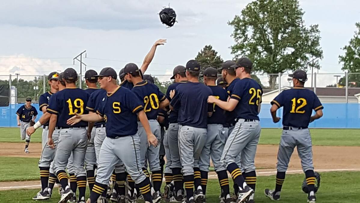 The Southridge Suns celebrate their 8-3 win over Kennewick in the Class 3A state quarterfinals Saturday in Pasco.