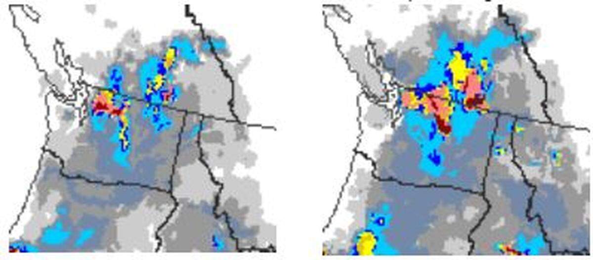 The Canadian FireWork smoke model shows smoke predicted for 2 p.m. Wednesday (left) and 5 a.m. Thursday.
