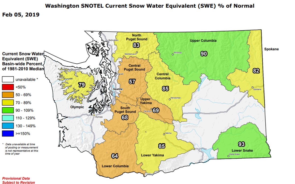 Percentages show the snow water equivalent compared to normal in areas of Washington state on Feb. 5. The snow pack melts and provides water in the spring and summer.