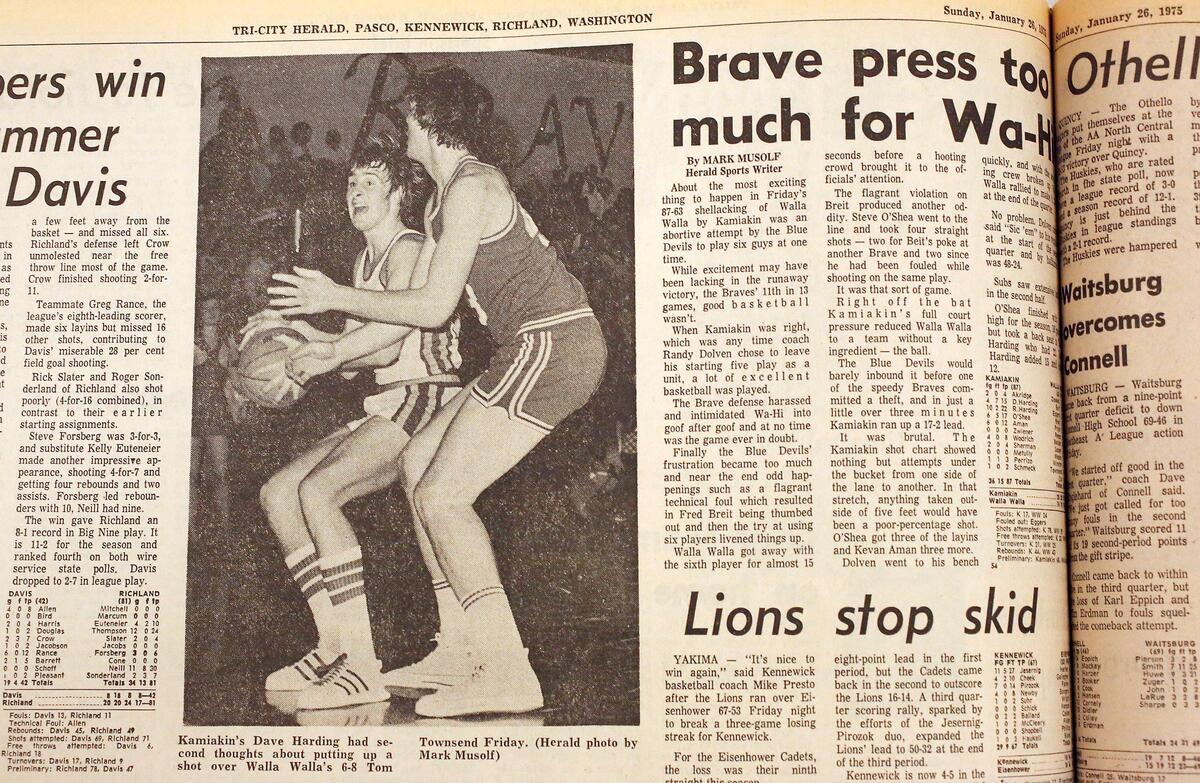 Kamiakin basketball player Dave Harding is pressured by Walla Walla’s Tom Townsend in this sports photo from the January 26, 1975 edition of the Tri-City Herald. Harding is organizing a reunion for anyone who played for Kamiakin basketball – including girls basketball – in the 1970s decade - and is asking them to show up to the Jan. 10 Pasco at Kamiakin boys-girls basketball doubleheader.