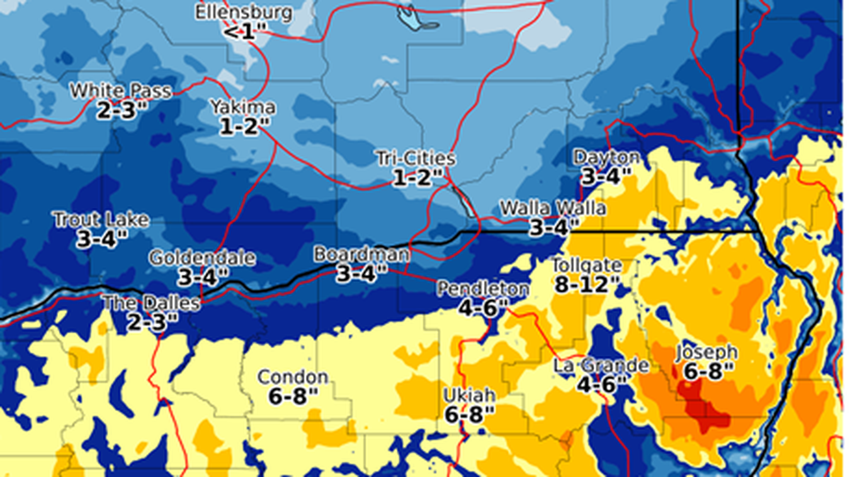 Here’s how much snow is possible in Eastern Washington and Oregon from 4 p.m. Sunday to 4 p.m. Monday.