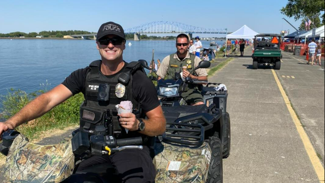A Kennewick officer and Benton County Sheriff’s deputy had time to cool off with an ice cream this weekend at the Columbia Cup events in Columbia Park. There was just one arrest in the park this year.