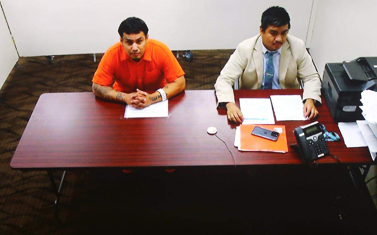 Murder suspect Jonathon Villegas, left, appears via a video link earlier this month in Franklin County Superior Court. He's accused in the shooting death of Lupita Ponce-Penaloza inside a detached garage turned apartment on Marie Street in Pasco.