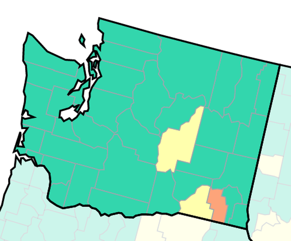 The COVID-19 community level as rated by the Centers for Disease Control is “low” for the Tri-Cities area and most of Washington state. Green is “low,” yellow is “medium” and orange is “high.”