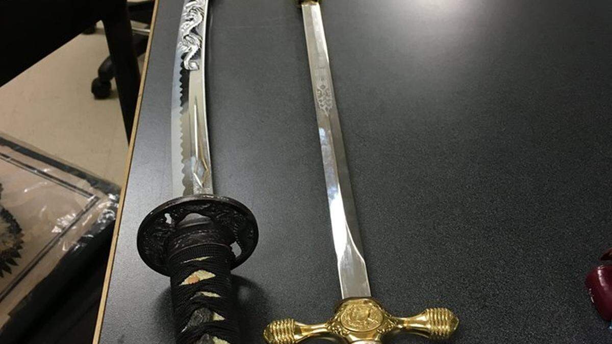 Richland police found this West Point cadet saber in a search of a car believed to be associated with package thefts. Courtesy Richland police