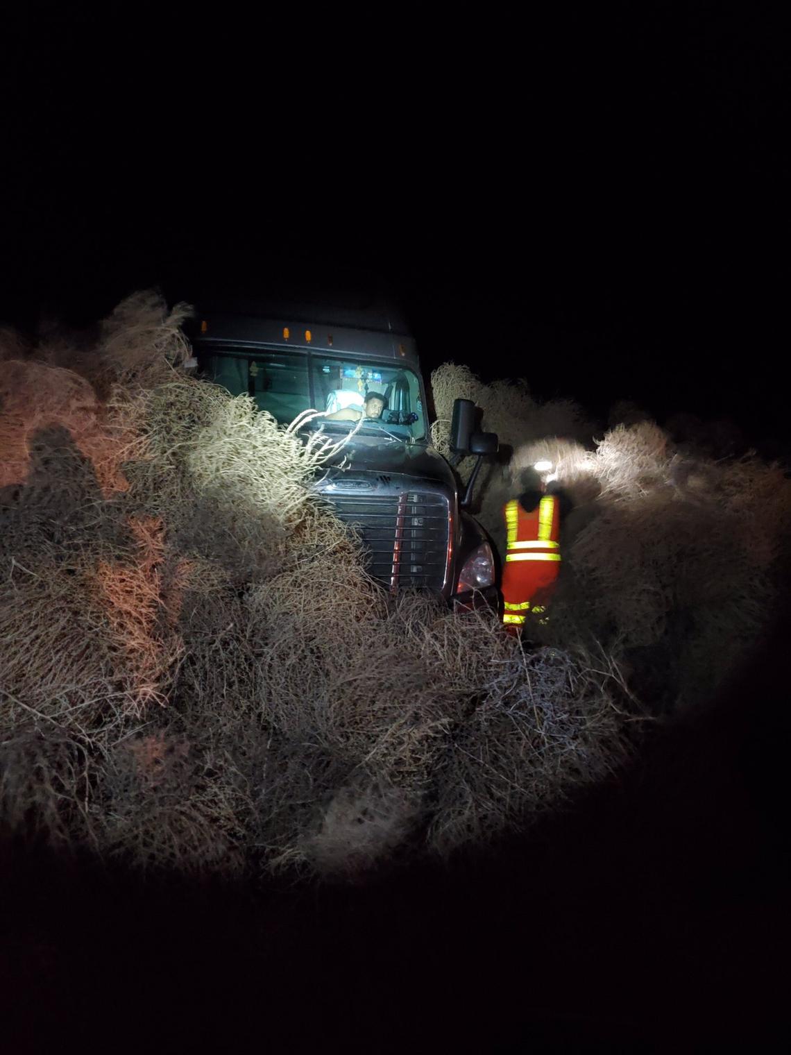 Blowing tumbleweeds on Highway 240 had to be cleared from the closed roadway with plow trucks.