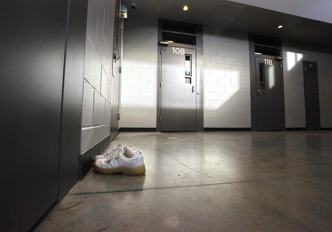 A pair of shoes sits on the floor in a new living area for offenders at the Benton County Juvenile Justice Center.