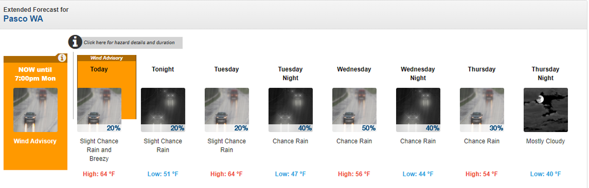 A screenshot from the National Weather Service shows a rainy and relatively warm start to March.