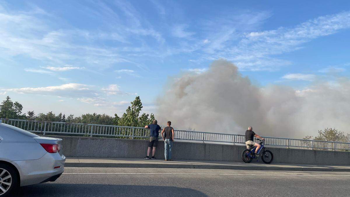 Bystanders stand on the 10th Avenue bridge in Kennewick to watch the fire below in Zintel Canyon.