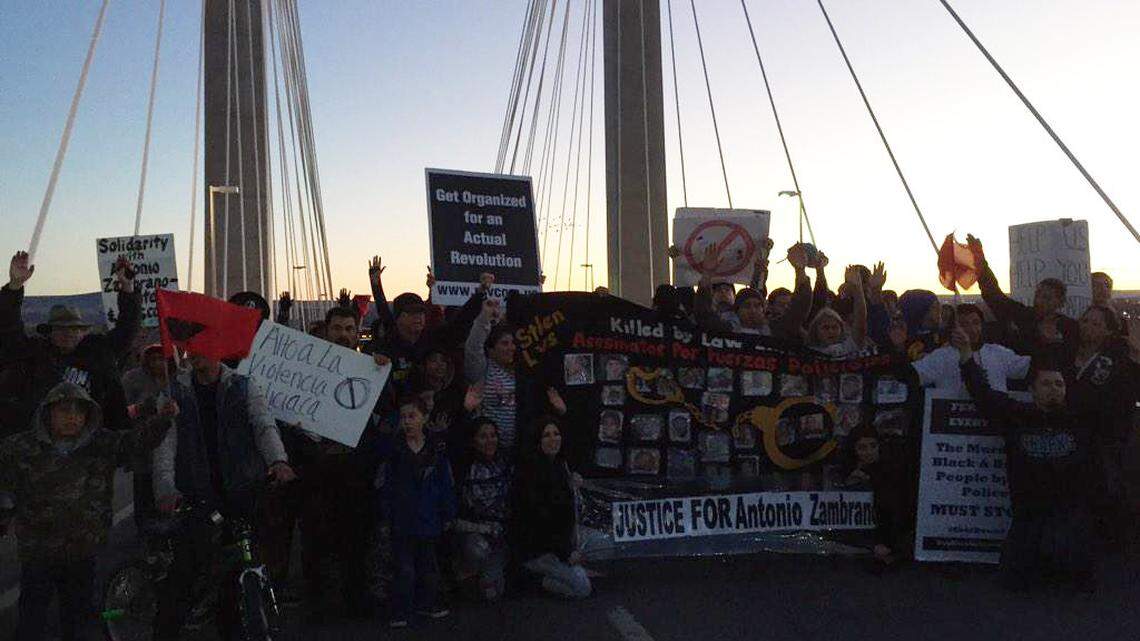 Protester block traffic Saturday evening on the cable bridge.