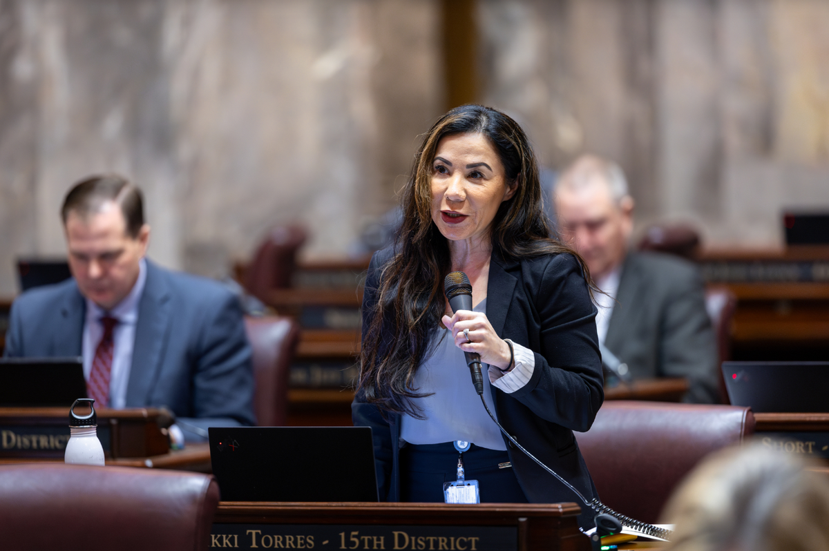 State Sen. Nikki Torres, R-Pasco, speaks on the Senate floor in the Capitol Building in Olympia.