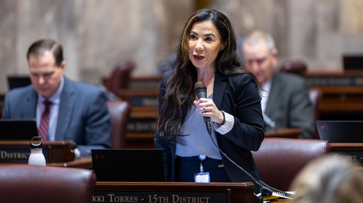 State Sen. Nikki Torres, R-Pasco, speaks on the Senate floor in the Capitol Building in Olympia. 