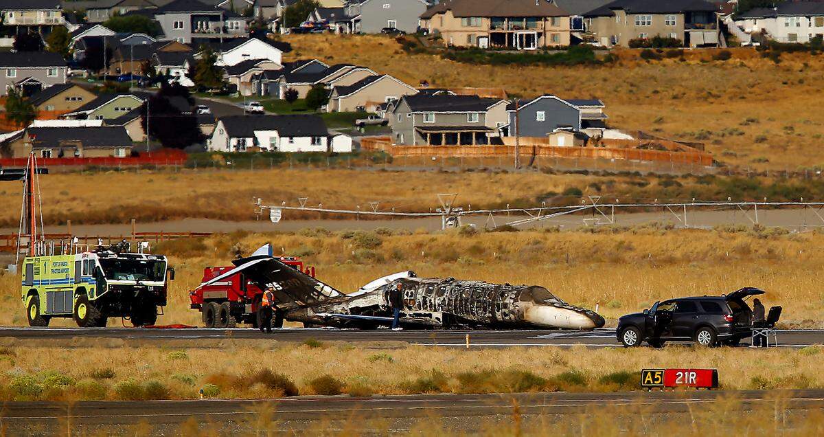 AFF firefighting foam is usually used to smother and cool aircraft fires at airports, such as this small jet airplane crash in September 2022 at the Tri-Cities Airport in Pasco. 