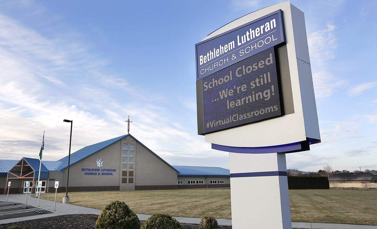 The readerboard at Bethlehem Lutheran School in Kennewick displays a message about the statewide school closure and their use of virtual learning classrooms during the coronavirus threat.