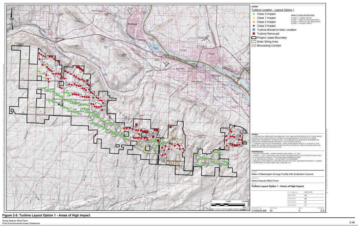 This map shows where 244 turbines could be sited for the Horse Heaven wind farm. The Washington state Energy Facility Site Evaluation Council recommended eliminating those shown in red, but Gov. Jay Inslee found that too restrictive.