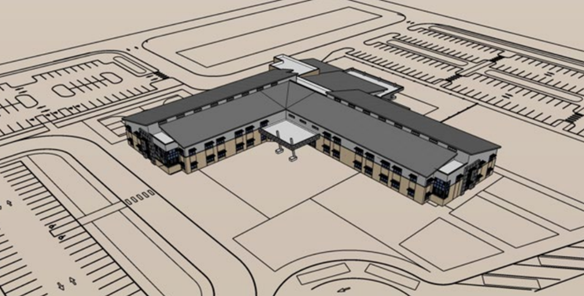 A architectural rendering shows what the outside of Orion High School might look like when it opens to students in fall 2025.