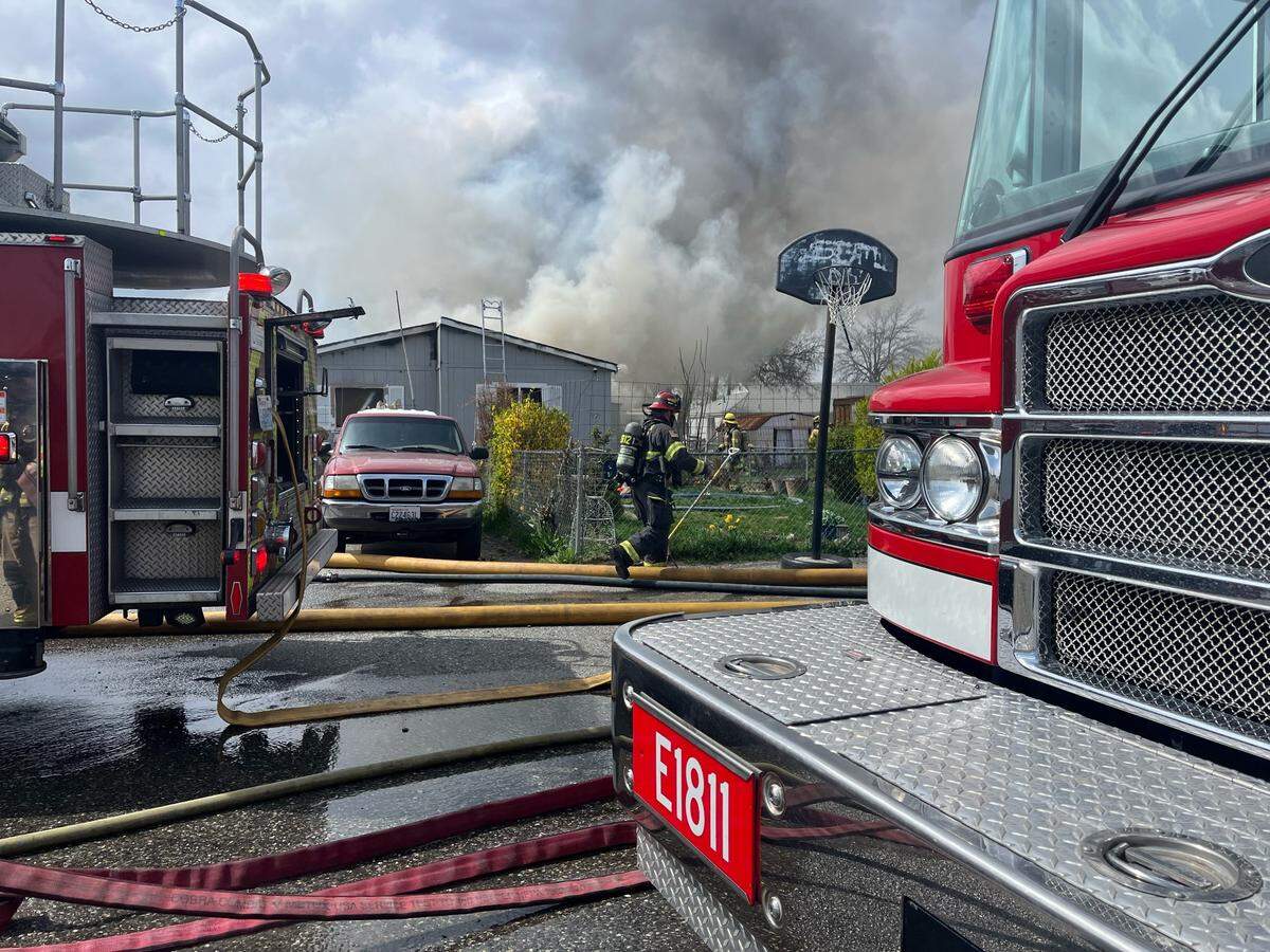 A mobile home was destroyed in a blaze on Metaline Avenue in Kennewick on Monday.