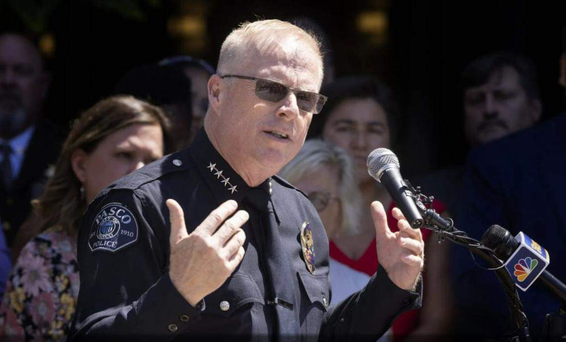 Pasco Police Chief Ken Roske speaks at a news conference with former Washington Gov. Jay Inslee and others on a proposal to expand the Criminal Justice Training Commission academy in 2022.