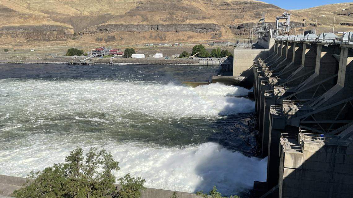Lower Monumental Dam on the Snake River near Kahlotus spills water to benefit juvenile salmon.