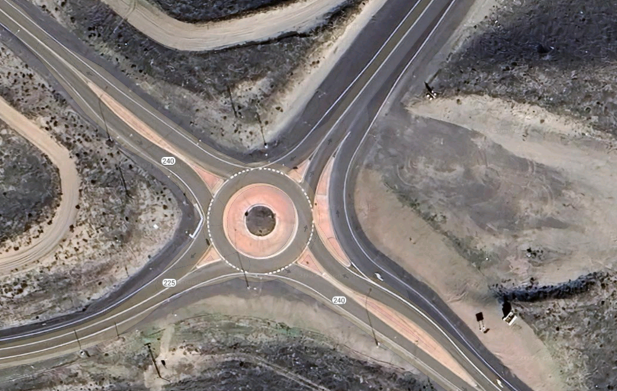 The Highway 240 roundabout has a slip lane for traffic turning onto Hanford Route 10.