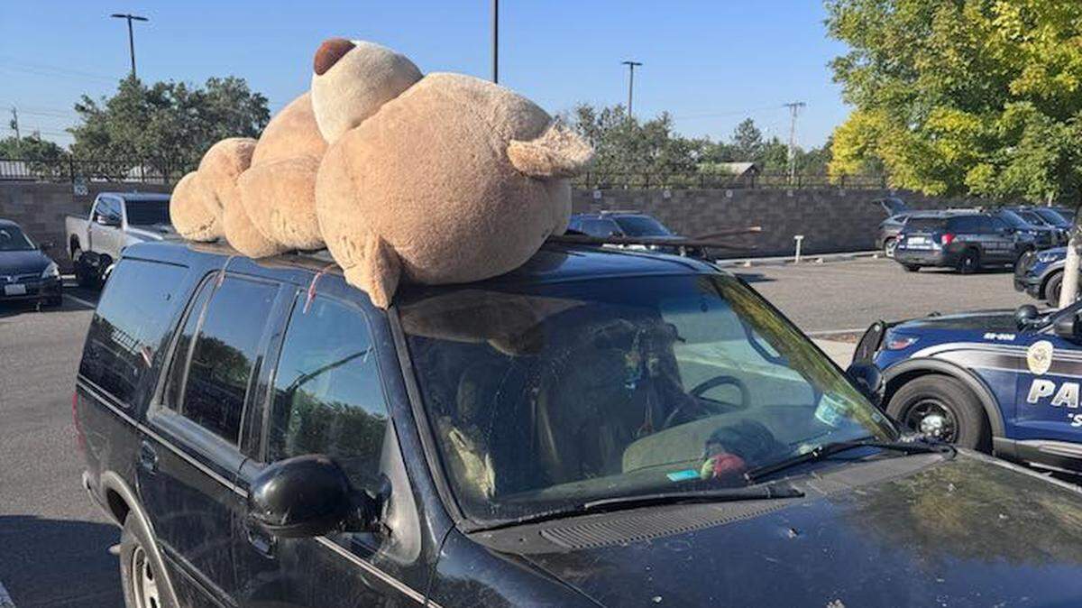 A woman is accused of trying to attack a man with a machete at Peanuts Park in Pasco. Then she allegedly hit the man with her SUV with a giant bear on top.