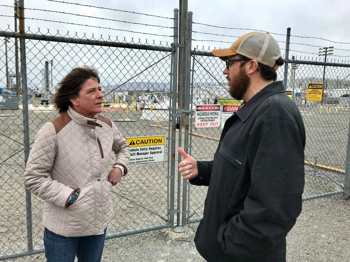 Anne White, Department of Energy assistant secretary for environmental management, receives an update at the Hanford tank farms on work to deliver low activity waste to the vitrification plant for treatment.