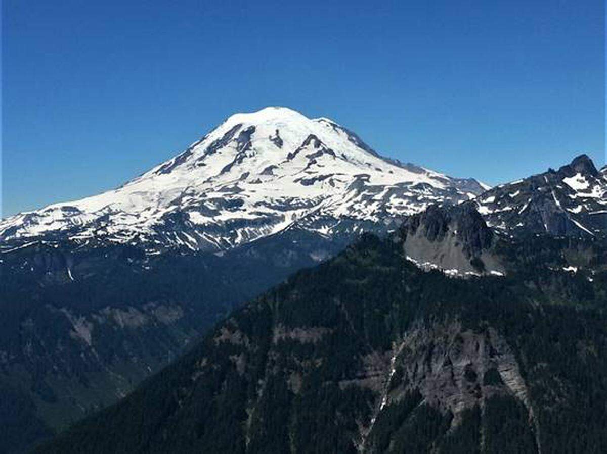 View of Mt. Rainier on a clear, blue sky day from Shriner Peak.