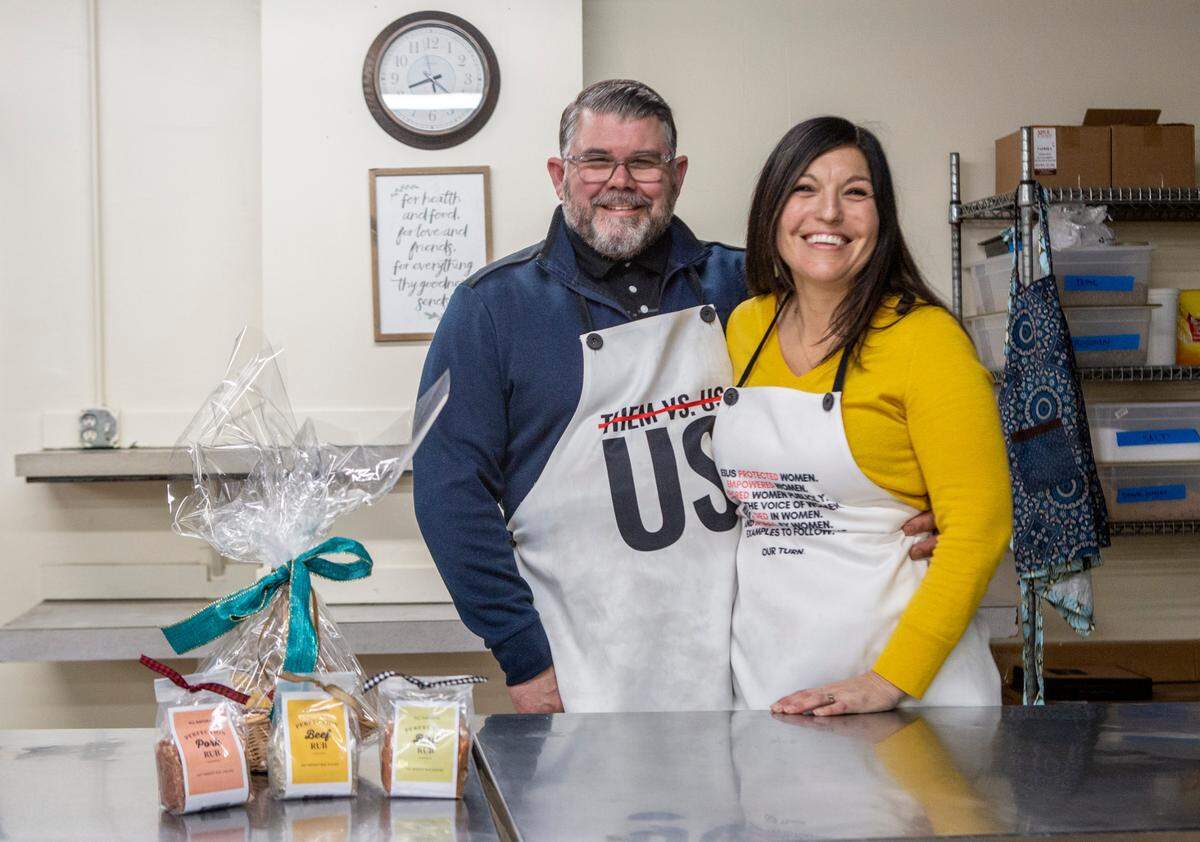 Devin and Amanda Lorraine stand in their non-profit Grace Kitchen at 112 N. 2nd Ave. in Pasco. The newly renovated building previously housed the men’s shelter for the Tri-City Union Gospel Mission.
