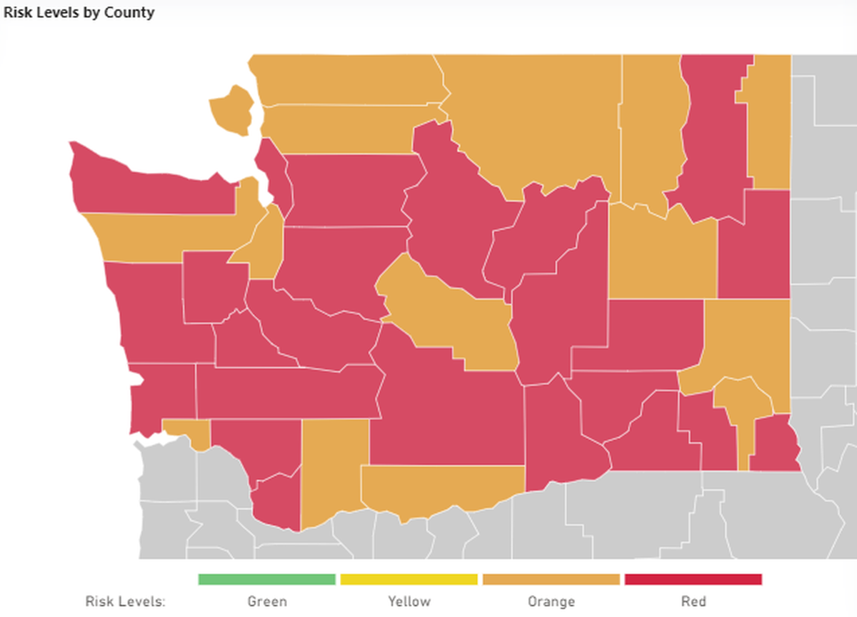 Washington state counties shown in red are at a tipping point, with 25+ COVID-19 cases per 100,000 people per day. Counties in orange have accelerated spread of the disease.