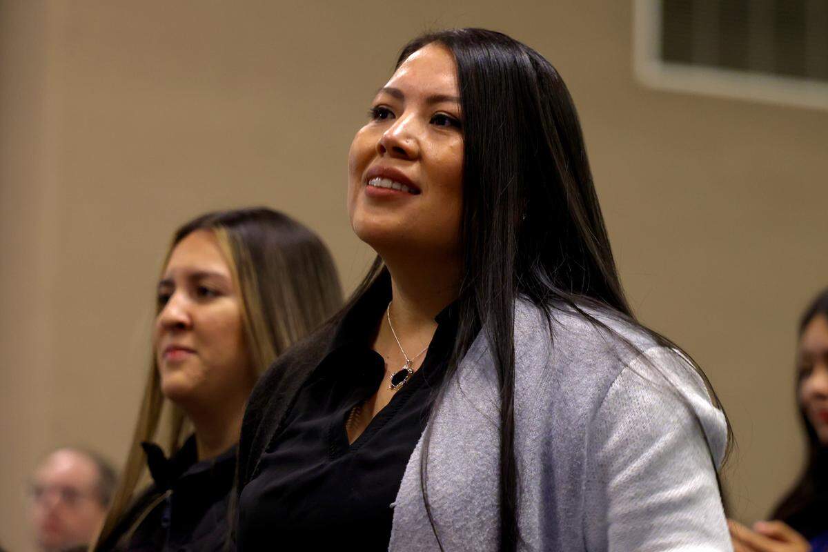 Nayeli Berenice Amanda Hernandez, the 2026 Martin Luther King Jr. Spirit Award recipient, listens during songs performed by the Tri-Cities Community Choir at the Martin Luther King Jr. Day bell-ringing ceremony at Columbia Basin College in Pasco. 
