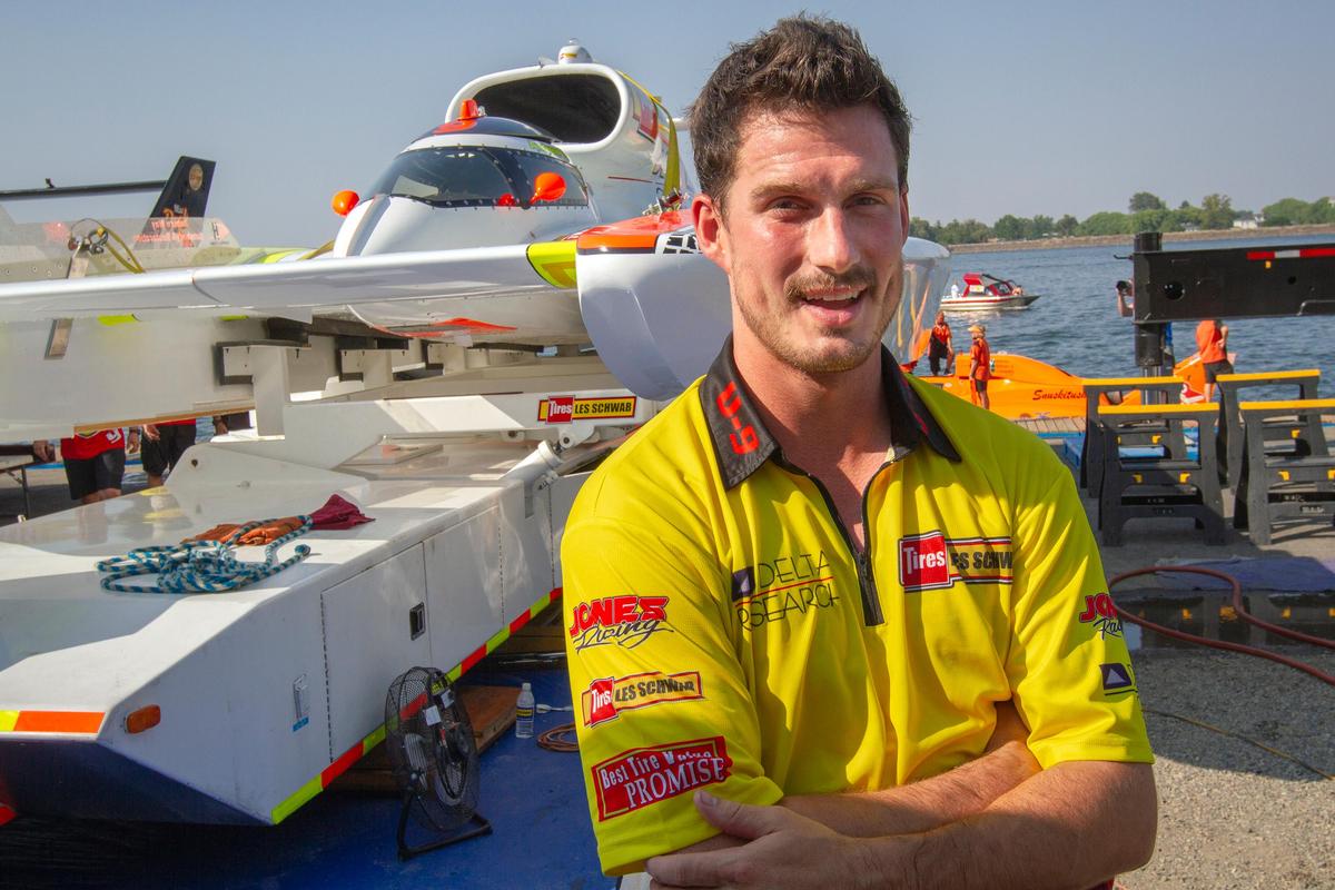 Andrew Tate stands in front of his U-9 hydroplane. Tate won the 2018 Columbia Cup on Sunday at Columbia Park in Kennewick.