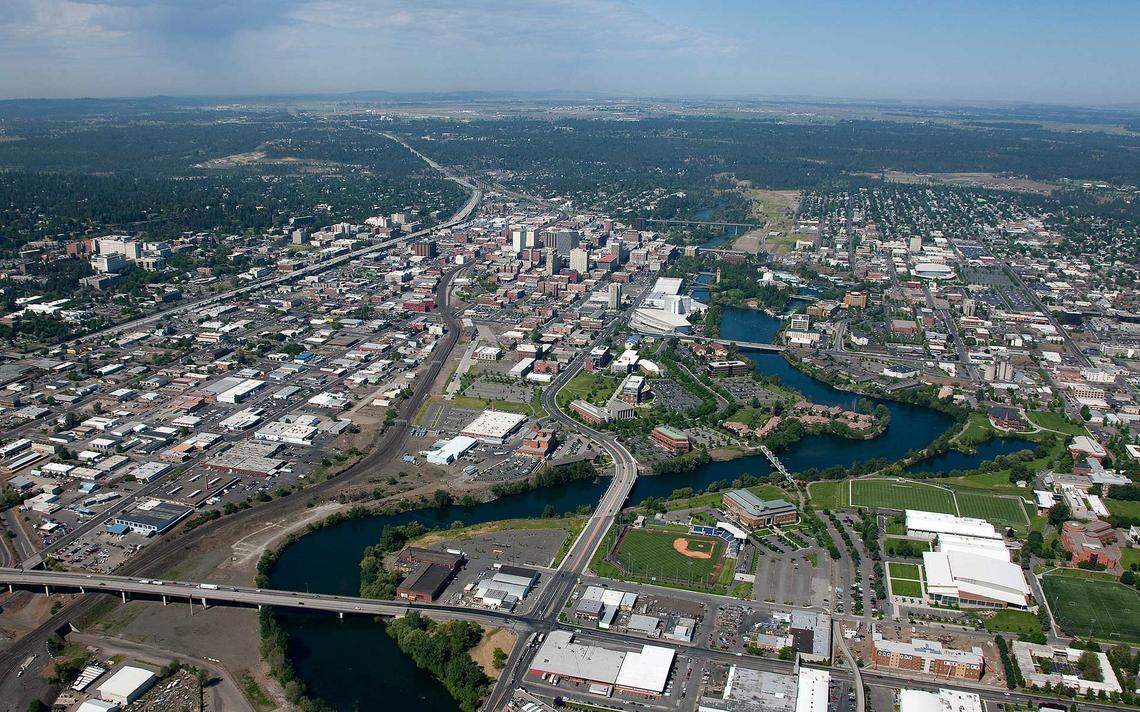 An aerial view of the city of Spokane.
