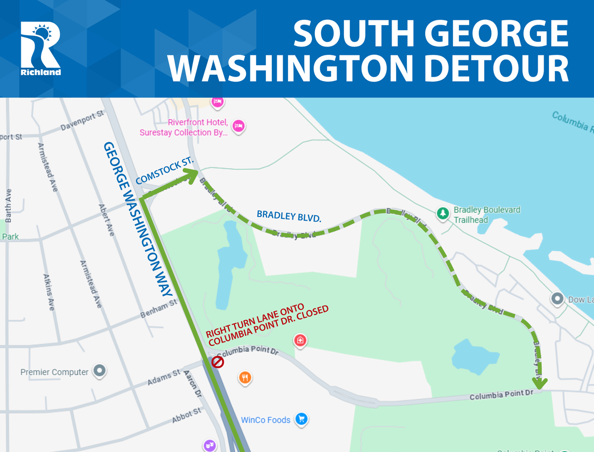 Richland drivers are advised to use a detour to access Columbia Point while the right turn lane from northbound George Washington Way onto Columbia Point Drive is closed during construction.