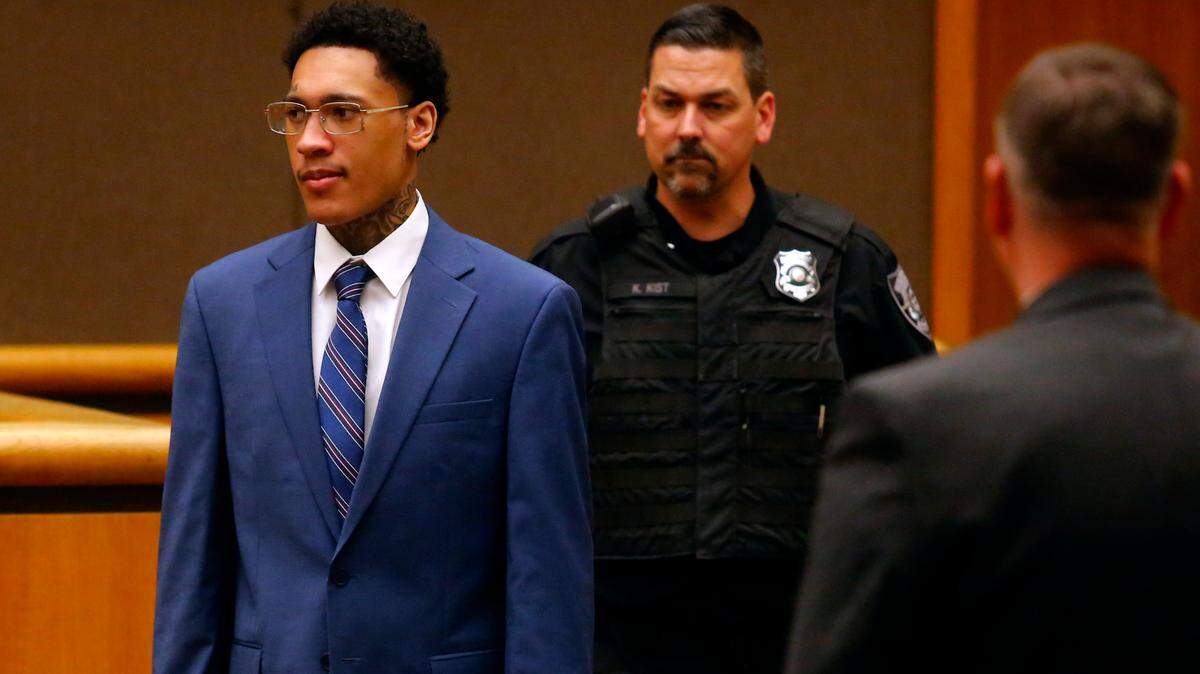 Lawrence Isaiah Groce is brought into a courtroom by a corrections officer at the Benton County Justice Center in Kennewick during his April 2023 murder trial.