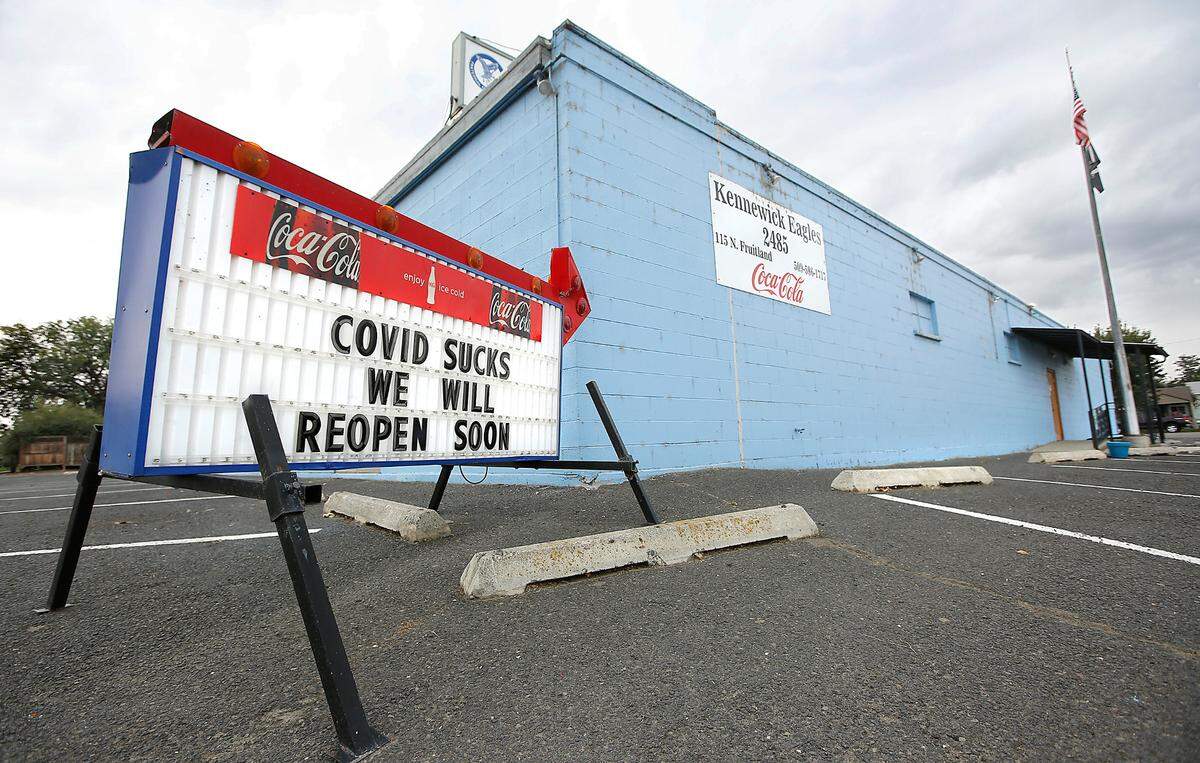 The reader board at the Kennewick Eagles club at 115 N. Fruitland St. in Kennewick announces a pending reopening after being shutdown during the ongoing coronavirus pandemic.