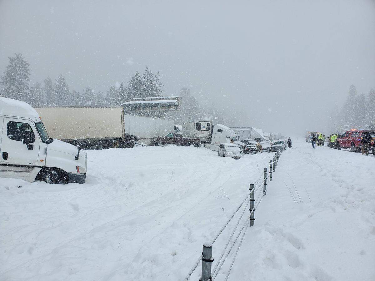 Nearly 100 cars and trucks are estimated to have crashed on Interstate 84 in Oregon about 20 miles east of Pendleton on Monday.
