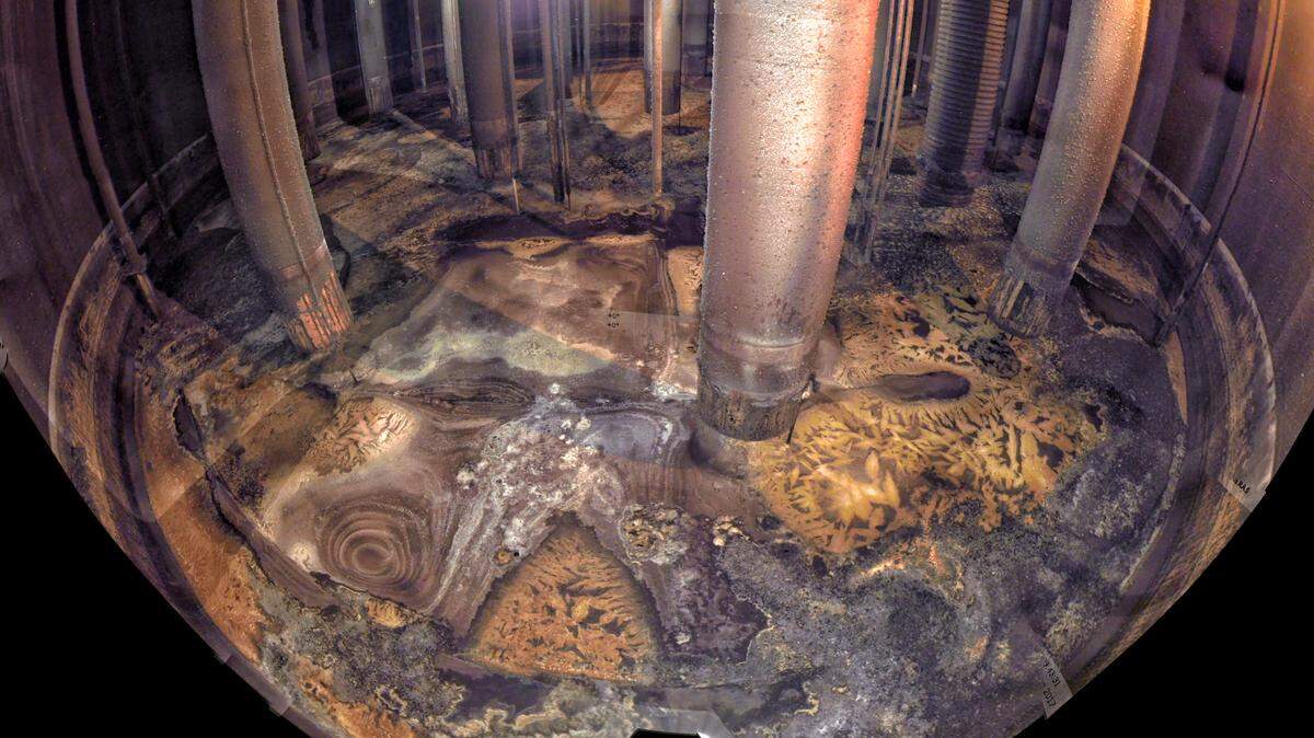 A mosaic of images were fitted together to show the interior of the inner shell of Hanford Tank AY-102 after waste was removed to learn more about why the inner shell was leaking. Radioactive waste held in the tank is suspected of corroding the bottom of the inner shell and leaking into the space between the tank's shells.